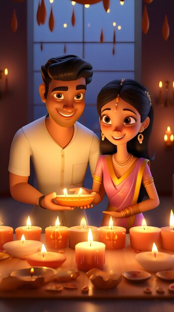 Indian 3d couples with diya diwali and karwa chauth design style