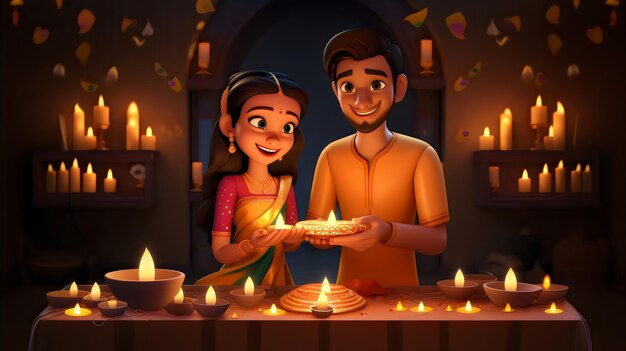 디아 디발리 (Diya Diwali) 와 카르바 차우트 (Karwa Chauth) 디자인 스타일의 인디언 3D 커플