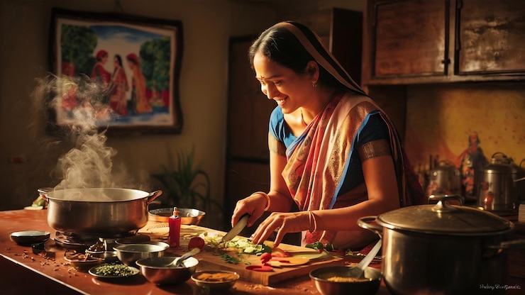 Photo indian active mother or sister making foor for son and daughter in kitchen