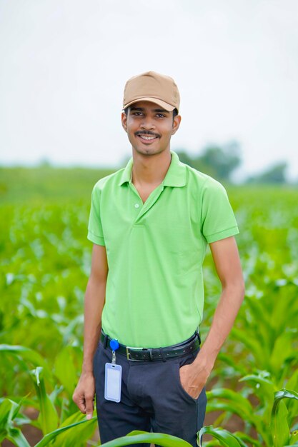 Indian agronomist at green agriculture field.