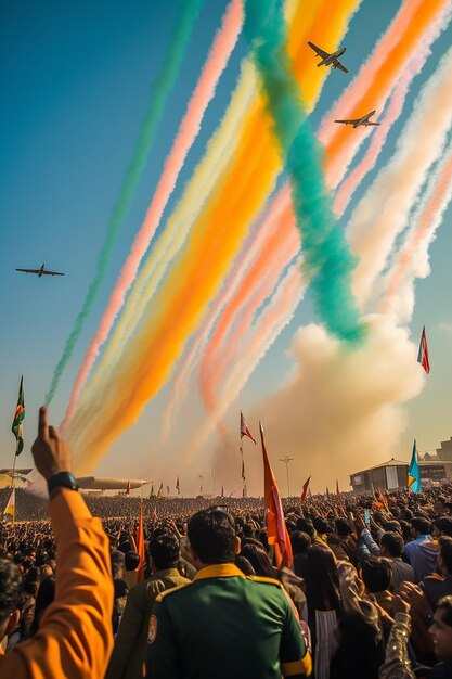 Foto i jet della forza aerea indiana eseguono un flypast tricolore lasciando strisce di zafferano generate da artifici