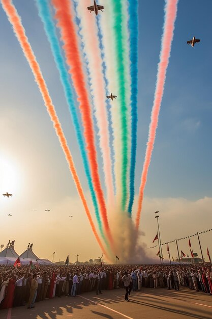 Foto i jet della forza aerea indiana eseguono un flypast tricolore lasciando strisce di zafferano generate da artifici