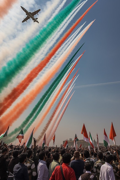 인도 공군 제트기가 삼색 비행을 수행하면서 인공적으로 생성된 사프란 줄무를 남니다.