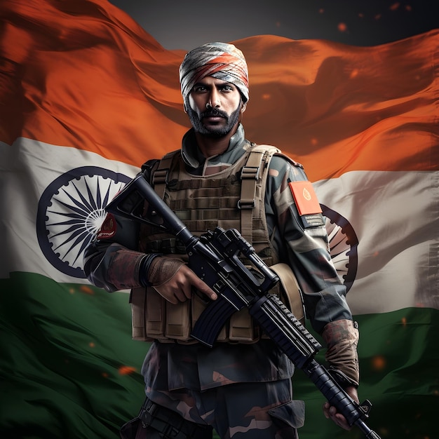 写真 インド軍がインド国旗を掲げている