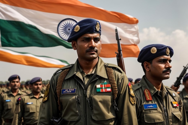 사진 인도 군대의 군인이 유니폼을 입고 인도 발을 흔들고 국가적 자부심과 애국심이 자유롭습니다.