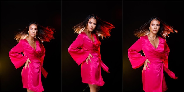 Indian asian 20s tanned skin woman wear pink shinny dress
express feeling happy smile. fashion female poses spin throw hair
in air with back light backlit half body over gray dark background
isolated