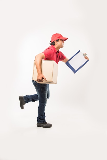 Indian or Asian Handsome Delivery Man with Box and Check List, isolated