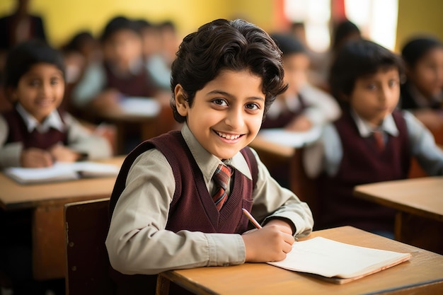 Indian asian school kids in uniform studying hard from books in the classroom