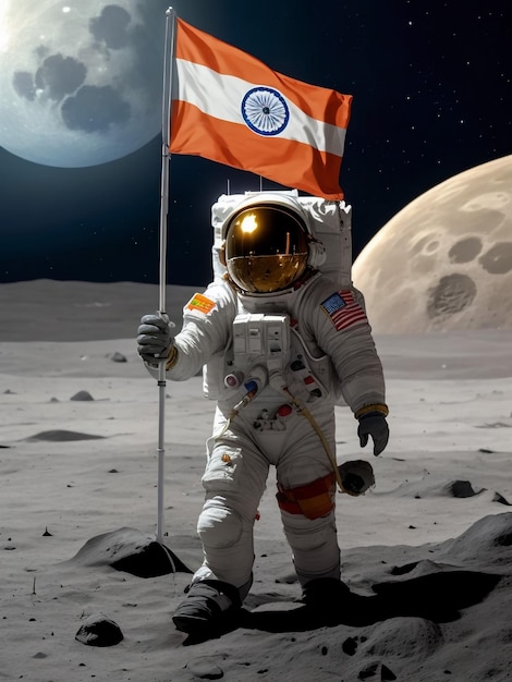 Indian astronaut lending on moon and hold flag of India in his hand