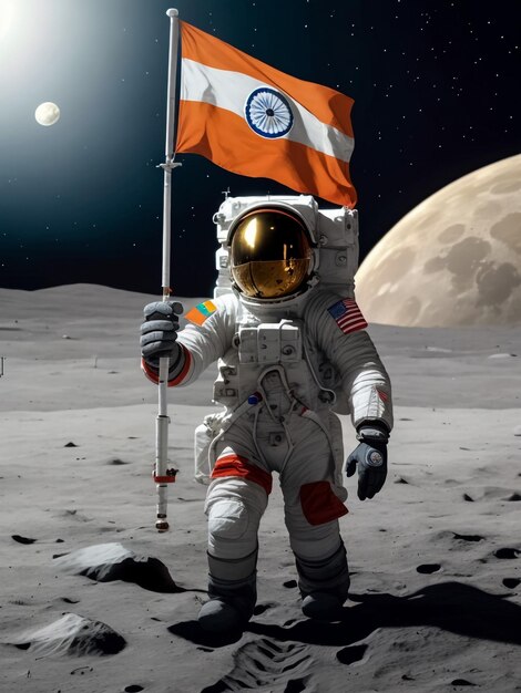 Indian astronaut lending on moon and hold flag of India in his hand