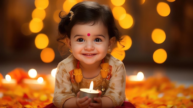 インドの女の赤ちゃんディワリのキャンドルが燃えている