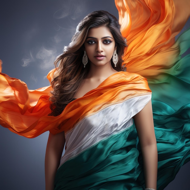 Индийская красавица, обернутая в индийскую ткань на темном фоне.