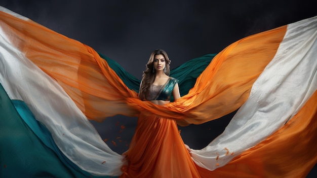 Indian bautiful girl wrapped in indian waving cloth on dark background