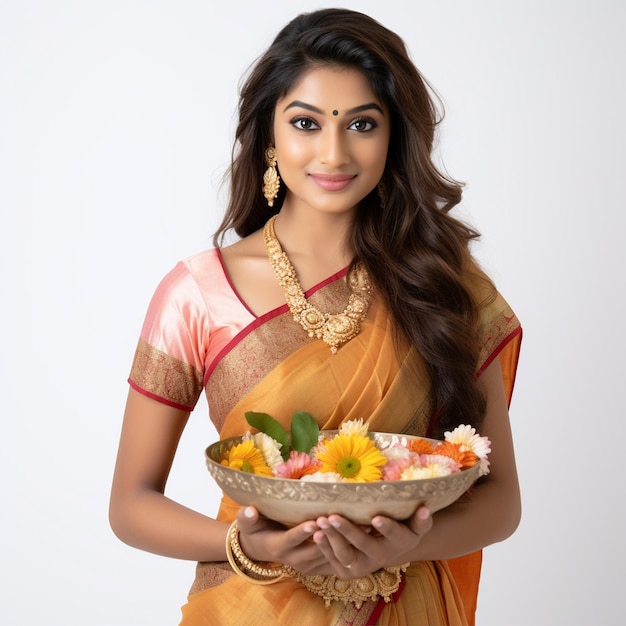 A indian beautiful woman hold pooja dish white background