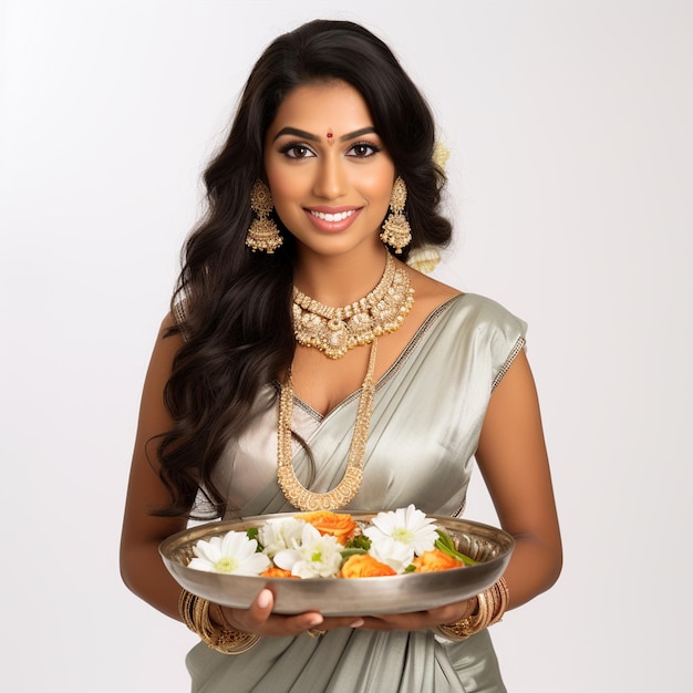 A indian beautiful woman hold pooja dish white background