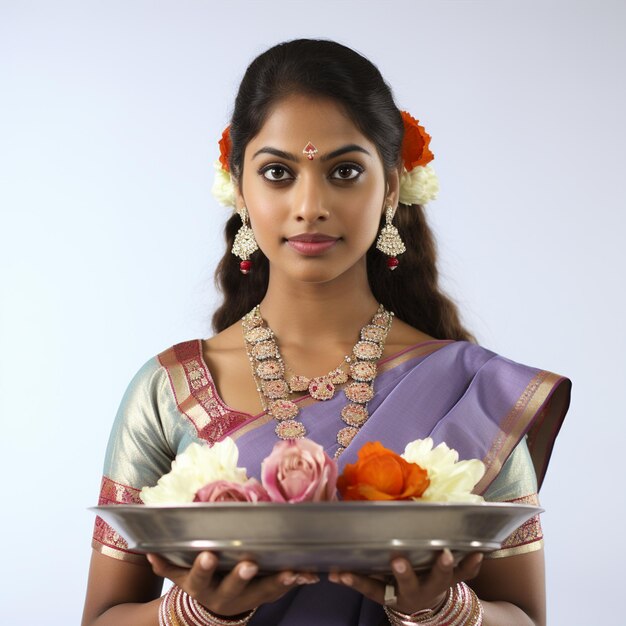 Photo a indian beautiful woman hold pooja dish white background