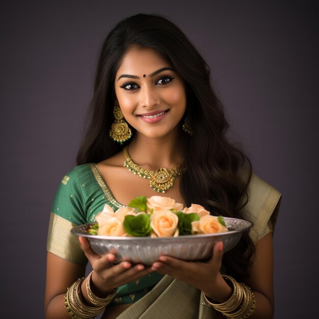 Photo a indian beautiful woman hold pooja dish white background