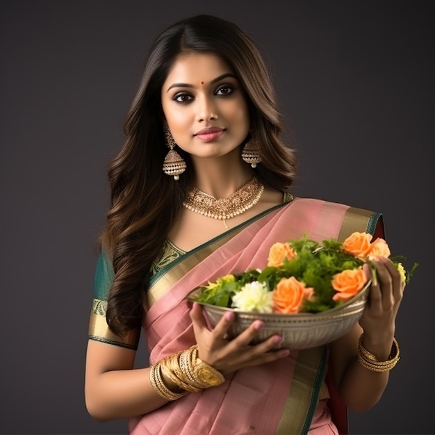 A indian beautiful woman hold pooja dish white background