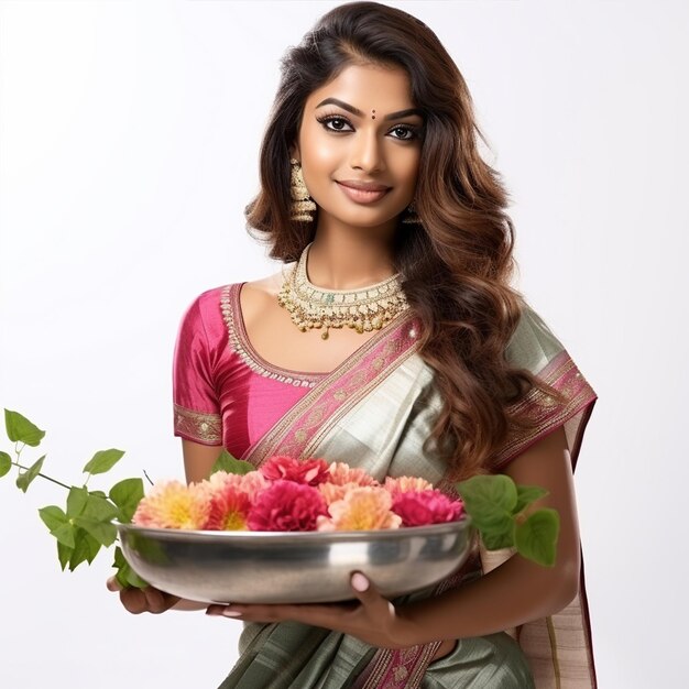 A indian beautiful woman hold pooja dish white background