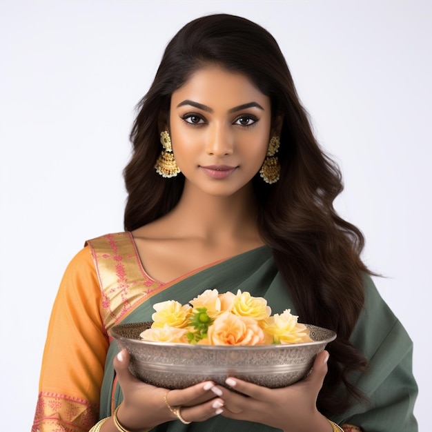 Photo a indian beautiful woman hold pooja dish white background