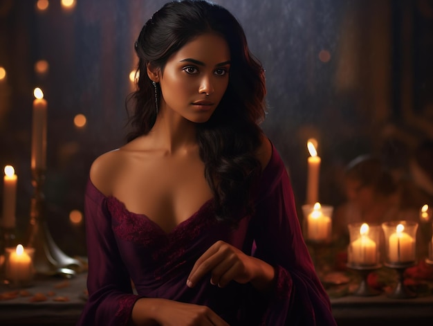 Indian beauty's enchanting allure in plum dress and candlelit backdrop