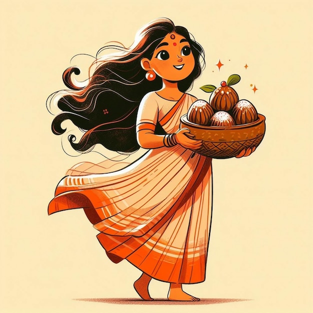 Foto disegno di una donna bengalese indiana di una ragazza che porta un cesto di uova