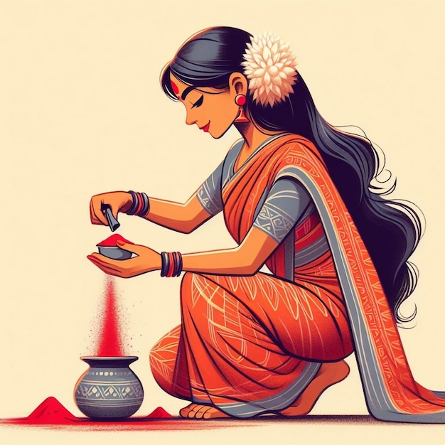 Foto pittura di una donna bengalese indiana con un fiore nei capelli