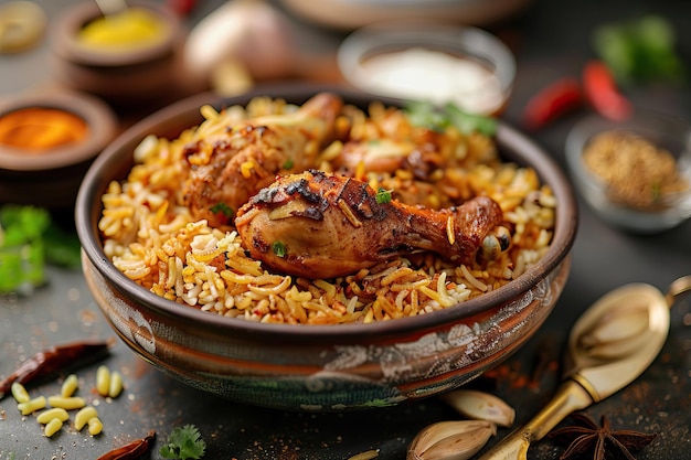 Indian Biryani with chicken and spices in traditional style