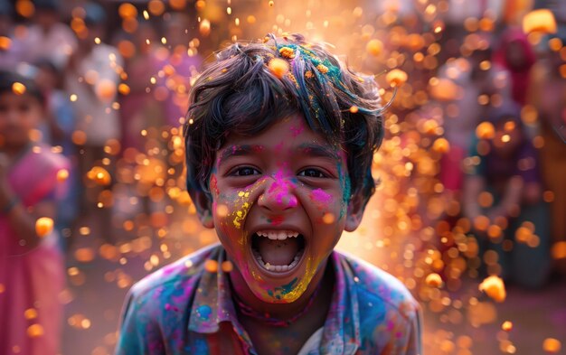 Photo indian boy celebrating holi with colors on face