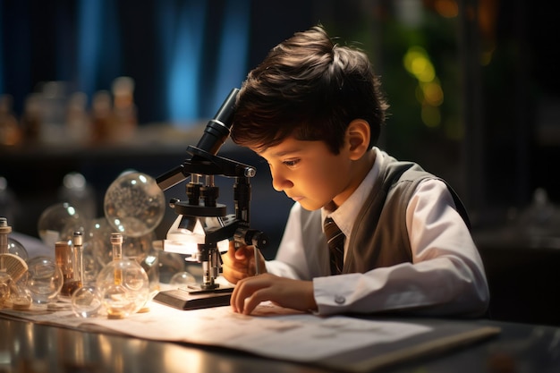 indian boy and chemistry experiment and microscope