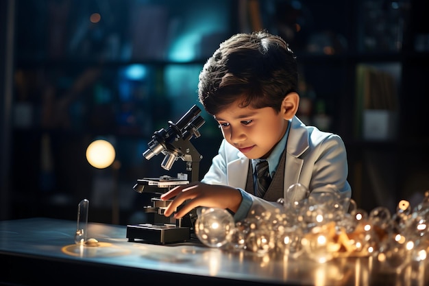 indian boy and chemistry experiment and microscope