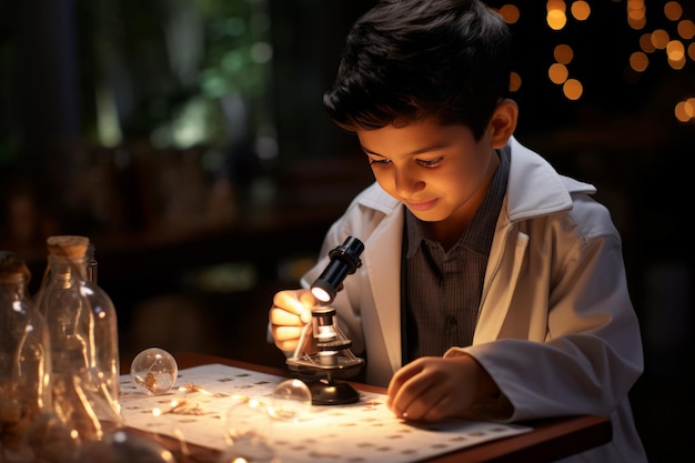 indian boy and chemistry experiment and microscope