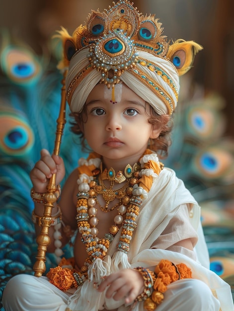 인도 소년은 불교 신인 라마 시바 부처의 옷을 입고 힌두교 전통 종교 의상을 입었다.