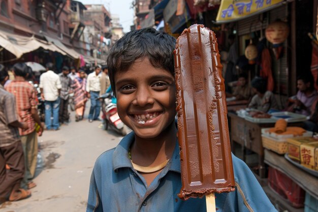 Indian boy eating a chocolate ice cream popsicle on the street