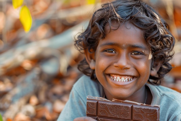 indian boy holding chocolate bar in hands