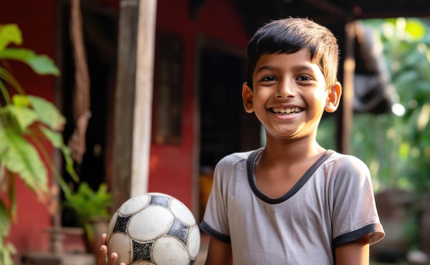 Indian boy is staying on a backyard and holding his soccer ball Generative ai