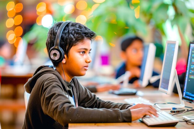 an indian boy participating in a librarysponsored coding workshop learning programming languages and computer science concepts through interactive activities and handson coding projects