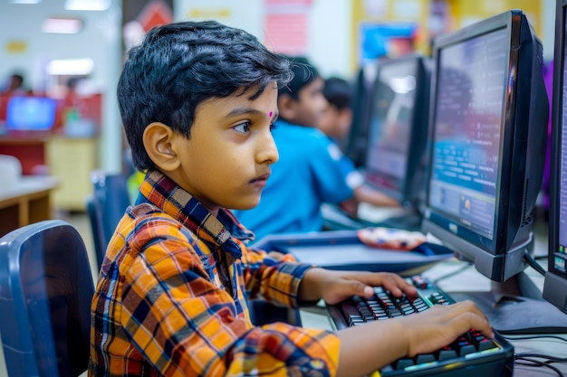 an indian boy participating in a librarysponsored coding workshop learning programming languages and computer science concepts through interactive activities and handson coding projects