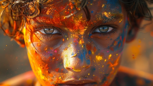 An Indian boy playing Holi in the street during Holi celebrations