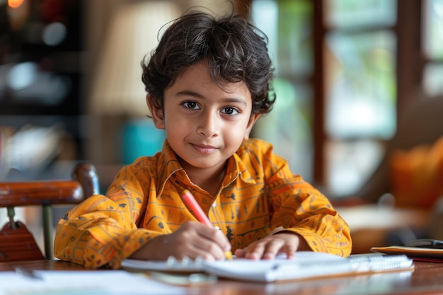 An Indian boy in a shirt sits at a school desk and writes in a notebook Secondary school education of children