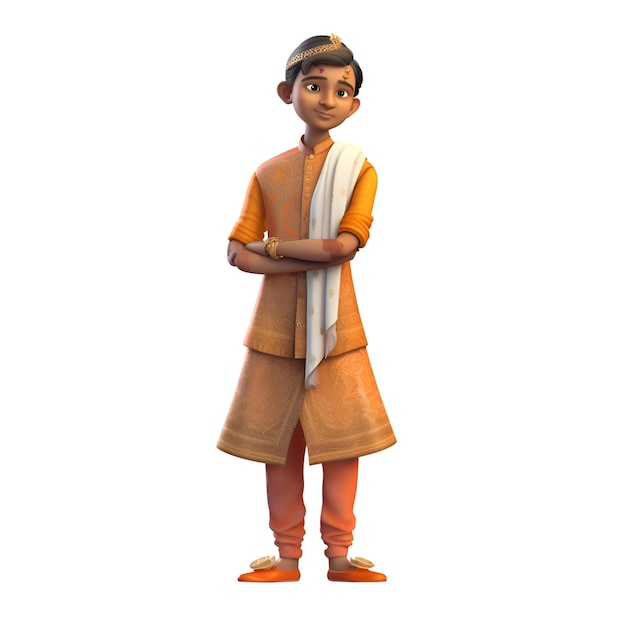 전통 의상 을 입은 인디언 소년 은 색 3D 일러스트레이션 에 고립 되어 있다