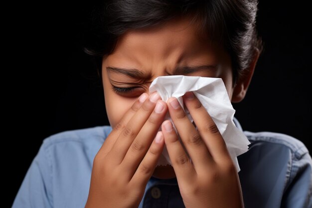 a indian boy using tissues to clean his nose against grey background