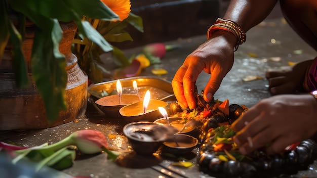 Photo indian brahman making puja for the holiday in the temple