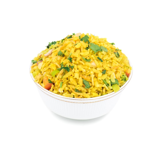 Indian Breakfast Dish Poha on White Background