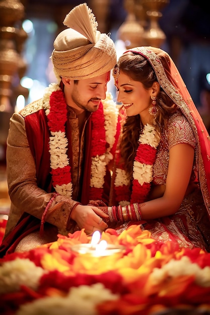 AI generated Indian groom dressed in white Sherwani and red hat with  stunning bride in red lehenga stand and hold each hands walking outside  34797757 Stock Photo at Vecteezy