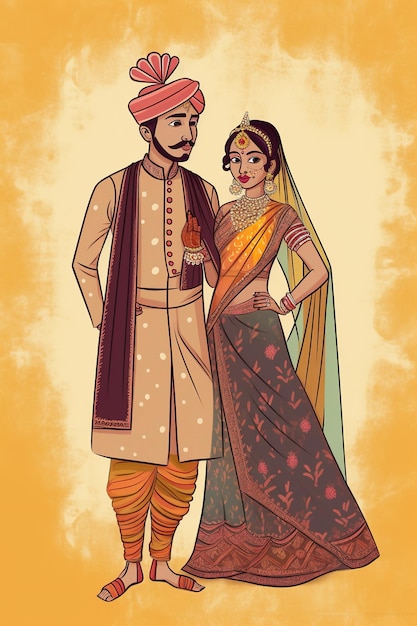 전통 혼례복을 입은 인도 신부와 신랑