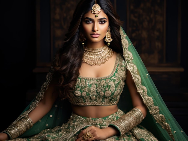 Indian bride in maroon lehenga with serene smile on white background