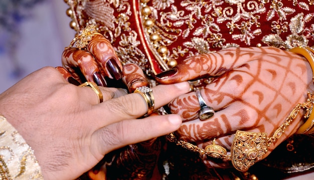 Индийская невеста надевает обручальное кольцо на палец жениха