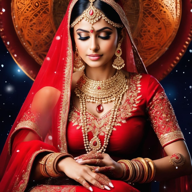 An indian bride in red dress and gold jewelry's special moment with the moon