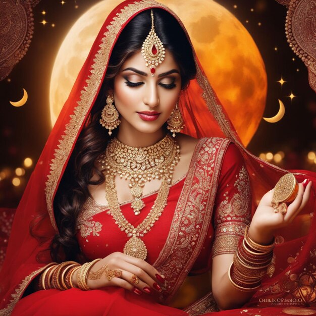 Photo an indian bride in red dress and gold jewelry's special moment with the moon